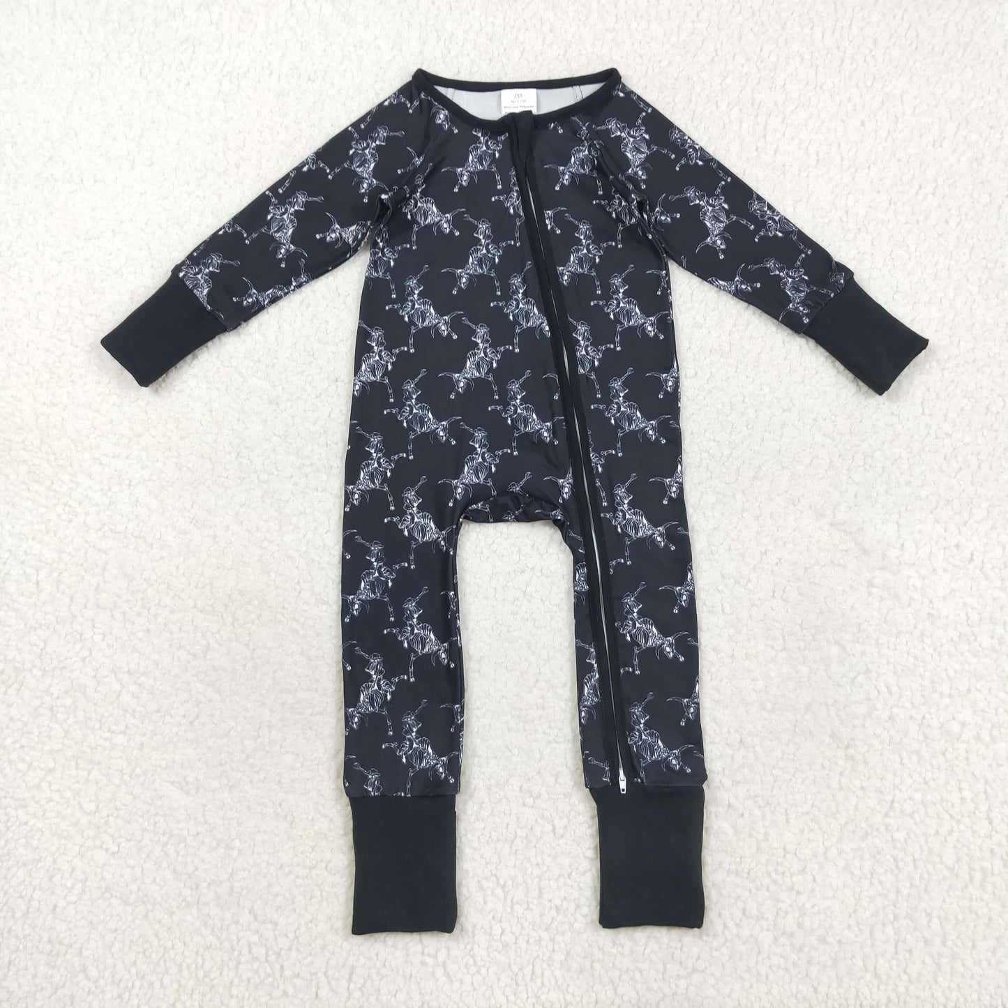 LR2466 Baby Boys Black Western Cows Rodeos Zipper Footed Rompers