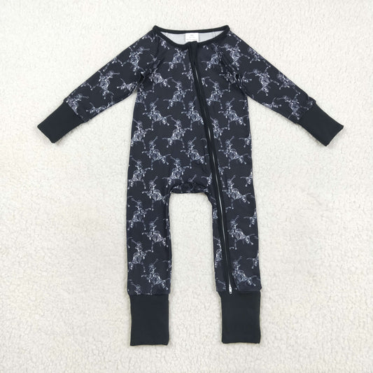 LR2466 Baby Boys Black Western Cows Rodeos Zipper Footed Rompers