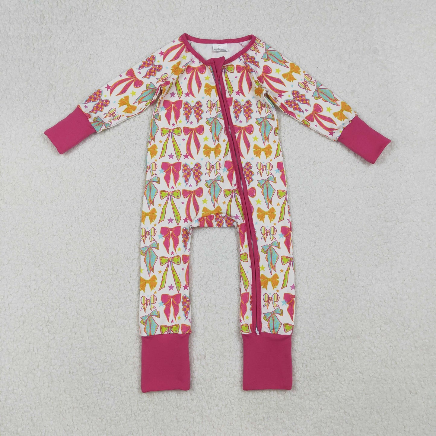 LR2468 Baby Girls Pink Orange Green Bows Stars Zipper Footed Rompers