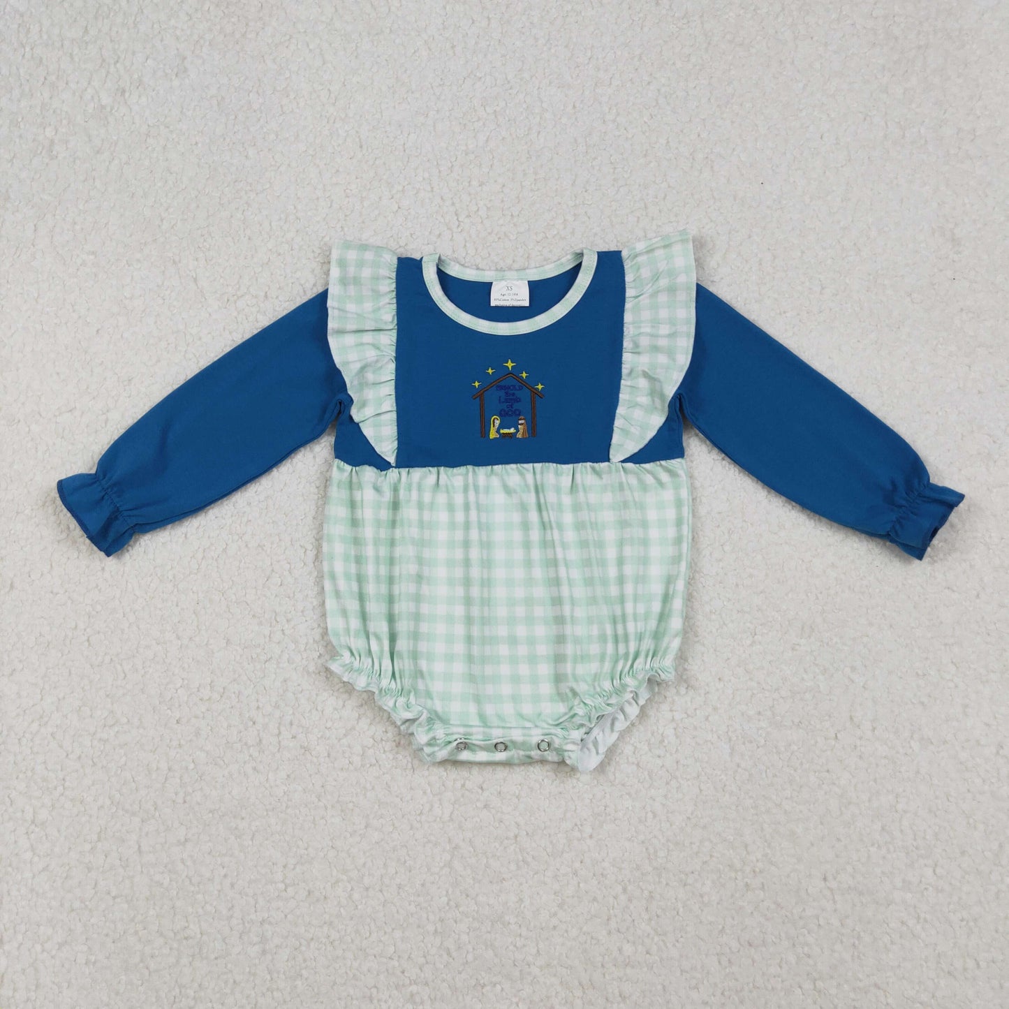 LR2477 Baby Girls Aqua Checked Embroidery Nativity Christmas Ruffle Rompers