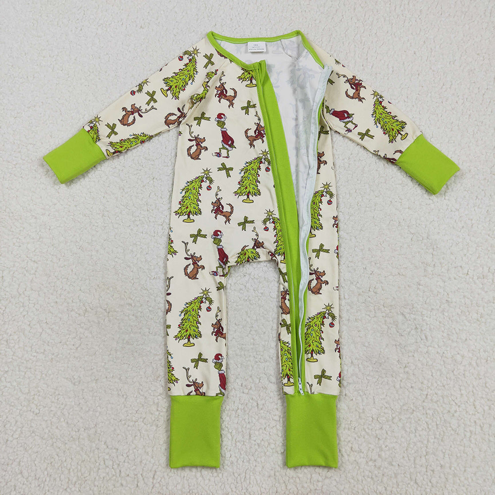 Sibling Baby Kids Green Face Christmas Trees Pajams Sets Zipper Footie Rompers