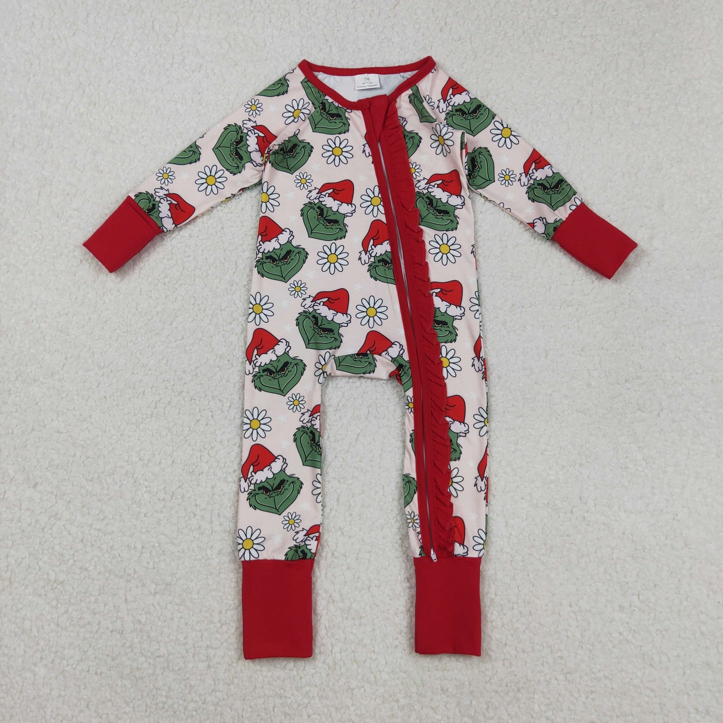 LR2489 Baby Girls Daisy Flowers Hats Grin Christmas Ruffle Zipper Footed Rompers
