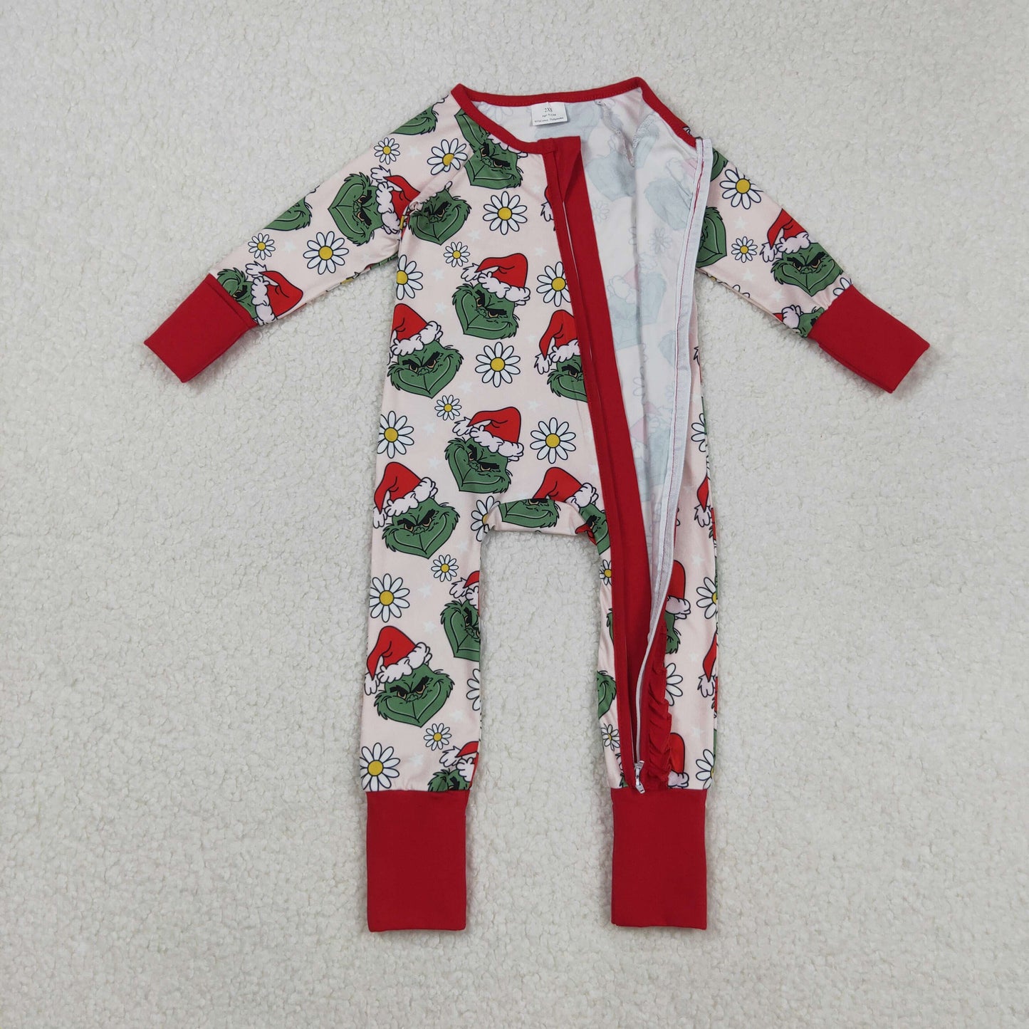 LR2489 Baby Girls Daisy Flowers Hats Grin Christmas Ruffle Zipper Footed Rompers