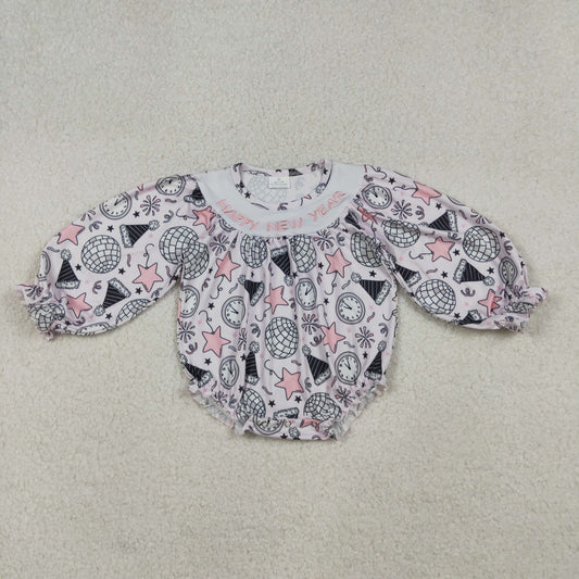 LR2493 Baby Girls Embroidery Happy New Year Firework Stars Ruffle Rompers