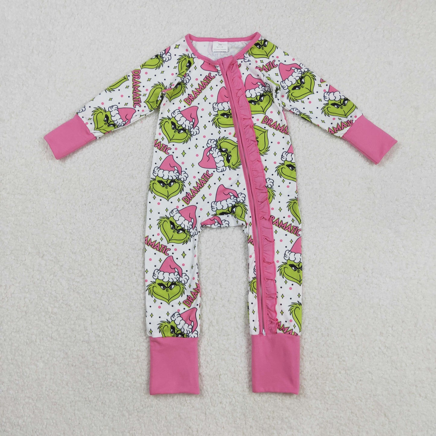 LR2495 Baby Girls Pink Hats Grin Stars Dramatic Christmas Ruffle Zipper Footed Rompers