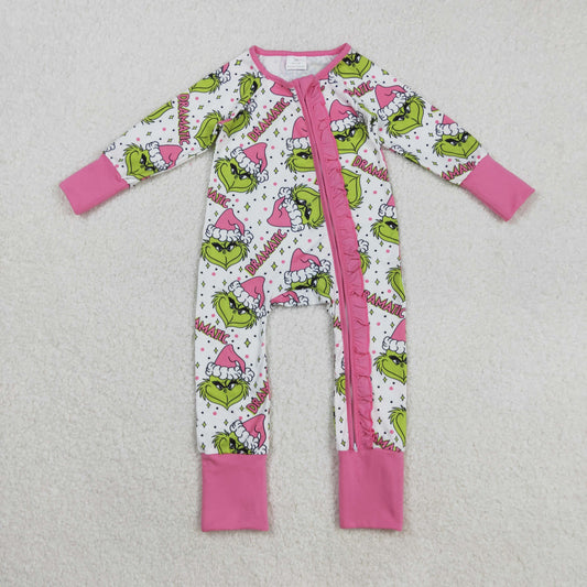 LR2495 Baby Girls Pink Hats Grin Stars Dramatic Christmas Ruffle Zipper Footed Rompers