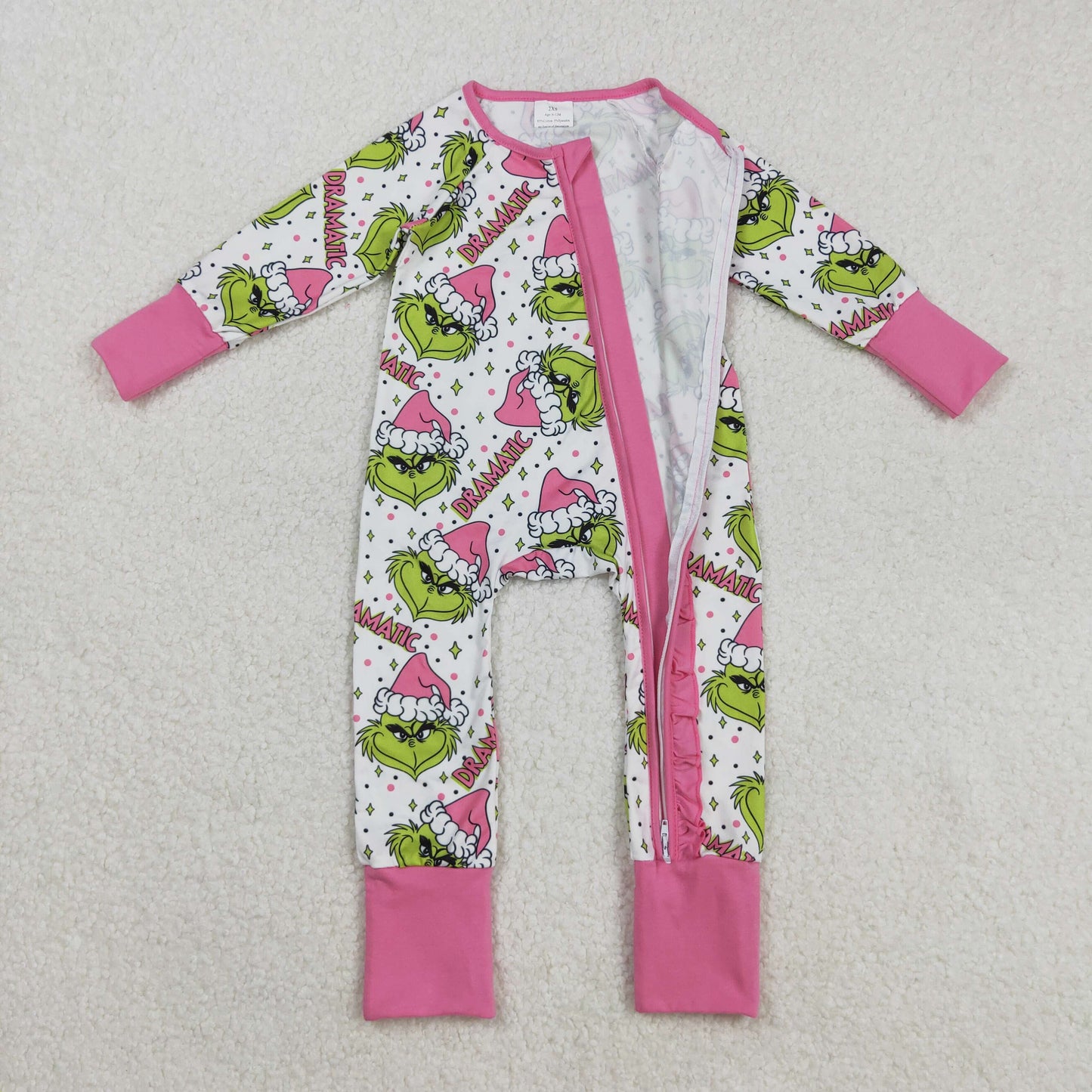 LR2495 Baby Girls Pink Hats Grin Stars Dramatic Christmas Ruffle Zipper Footed Rompers