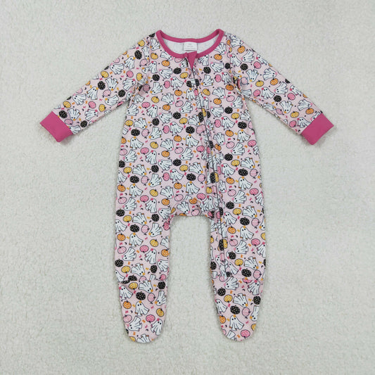 LR2506 Baby Girls Ghosts Pumpkins Halloween Zipper Footed Rompers
