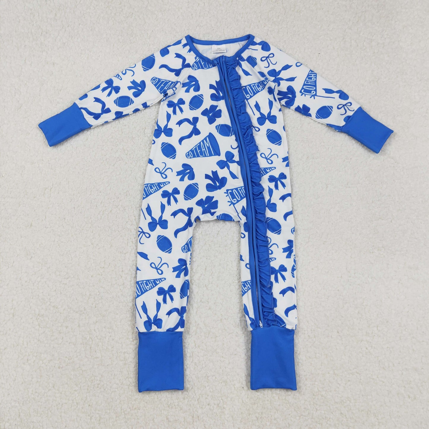Sibling Baby Girls Long Sleeves Bows Footballs Go Team Ruffle Zipper Footie Rompers