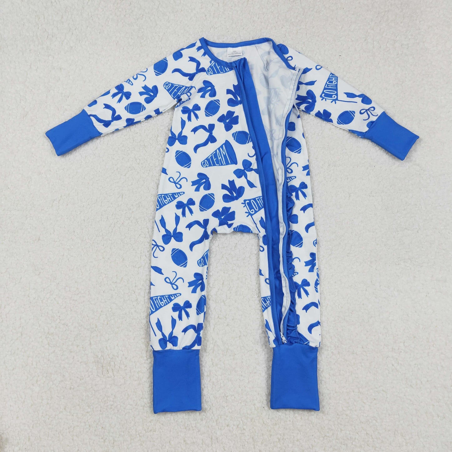 LR2511 Baby Girls Blue Bows Footballs Go Team Ruffle Zipper Footed Rompers