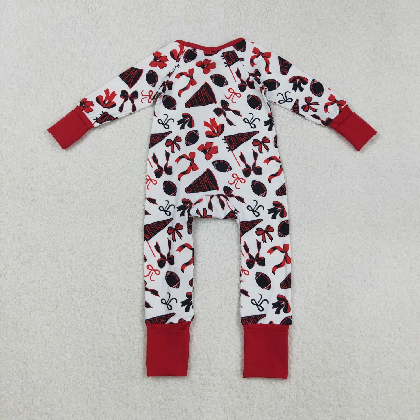 LR2512 Baby Girls Red Black Bows Footballs Go Team Ruffle Zipper Footed Rompers