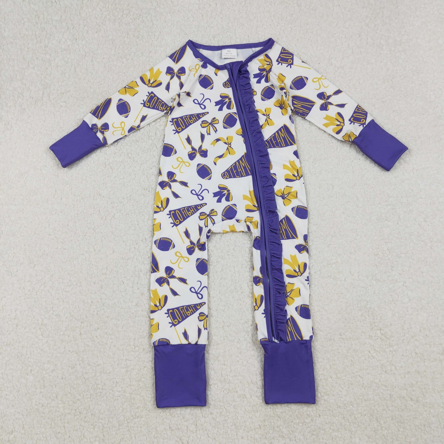 LR2513 Baby Girls Yellow Purple Bows Footballs Go Team Ruffle Zipper Footed Rompers