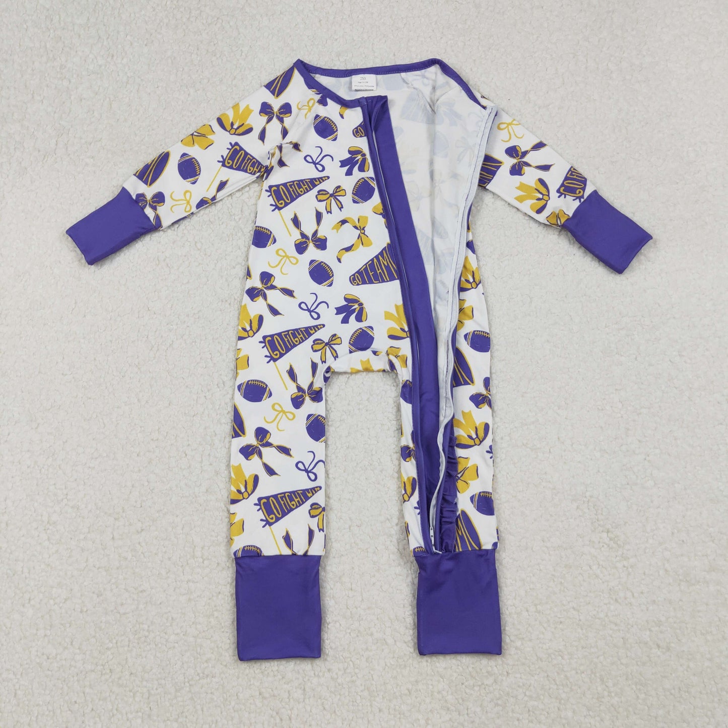 Sibling Baby Girls Purple Bows Footballs Go Team Ruffle Zipper Romper Knee Length Dress