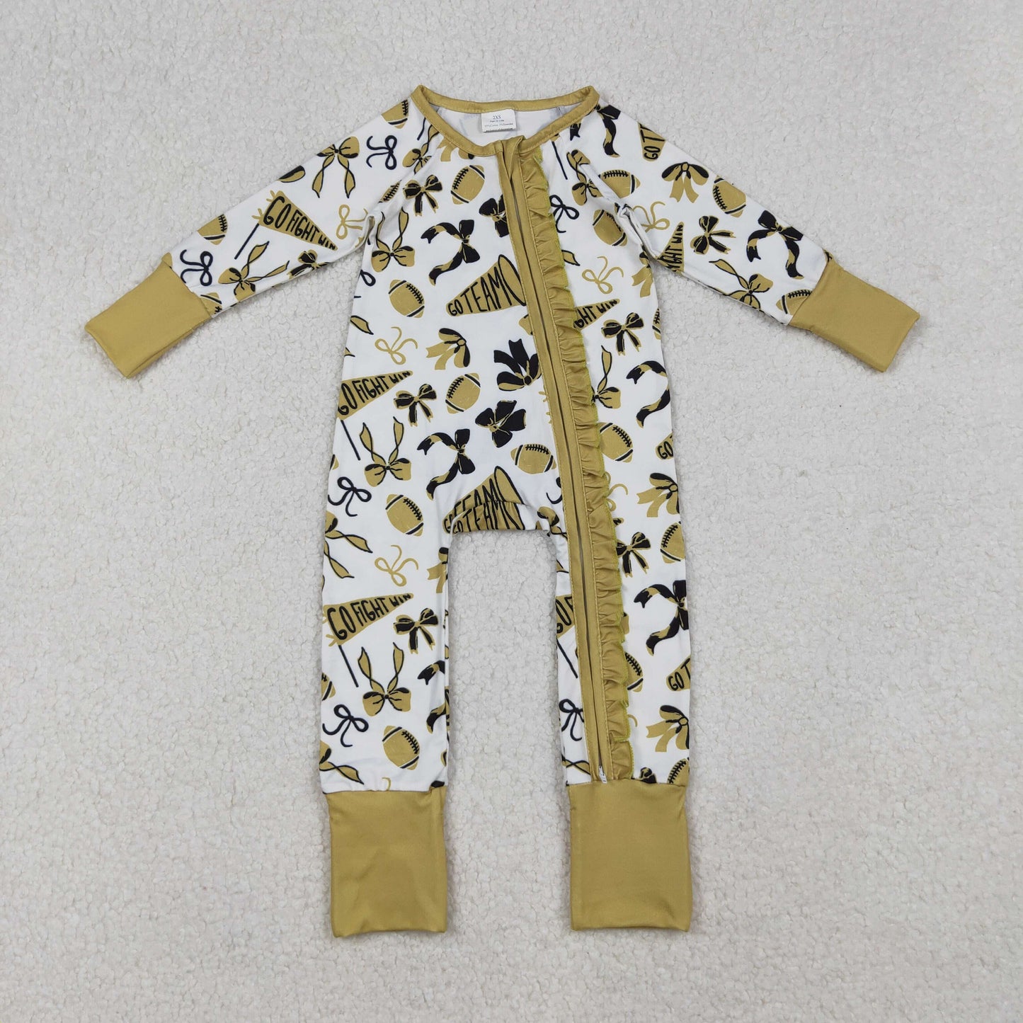 LR2515 Baby Girls Gold Black Bows Footballs Go Team Ruffle Zipper Footed Rompers