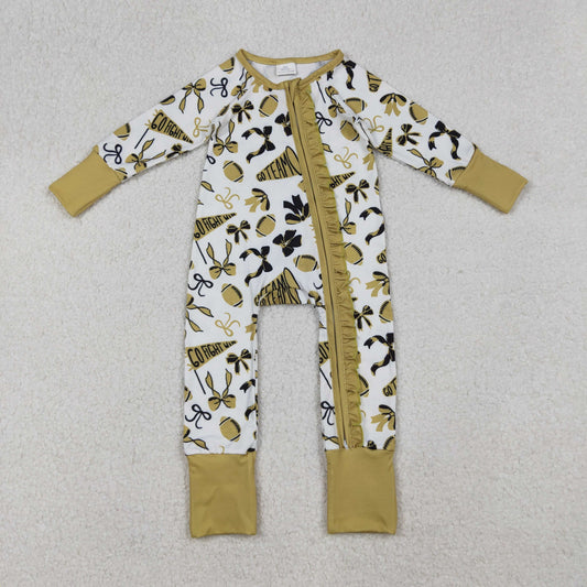 LR2515 Baby Girls Gold Black Bows Footballs Go Team Ruffle Zipper Footed Rompers