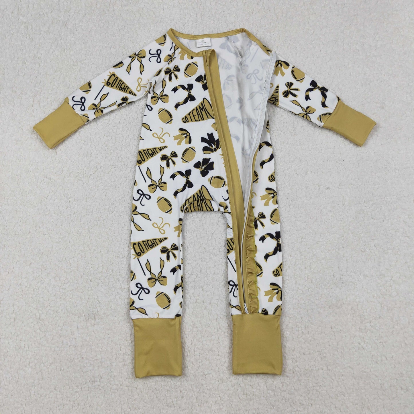 LR2515 Baby Girls Gold Black Bows Footballs Go Team Ruffle Zipper Footed Rompers
