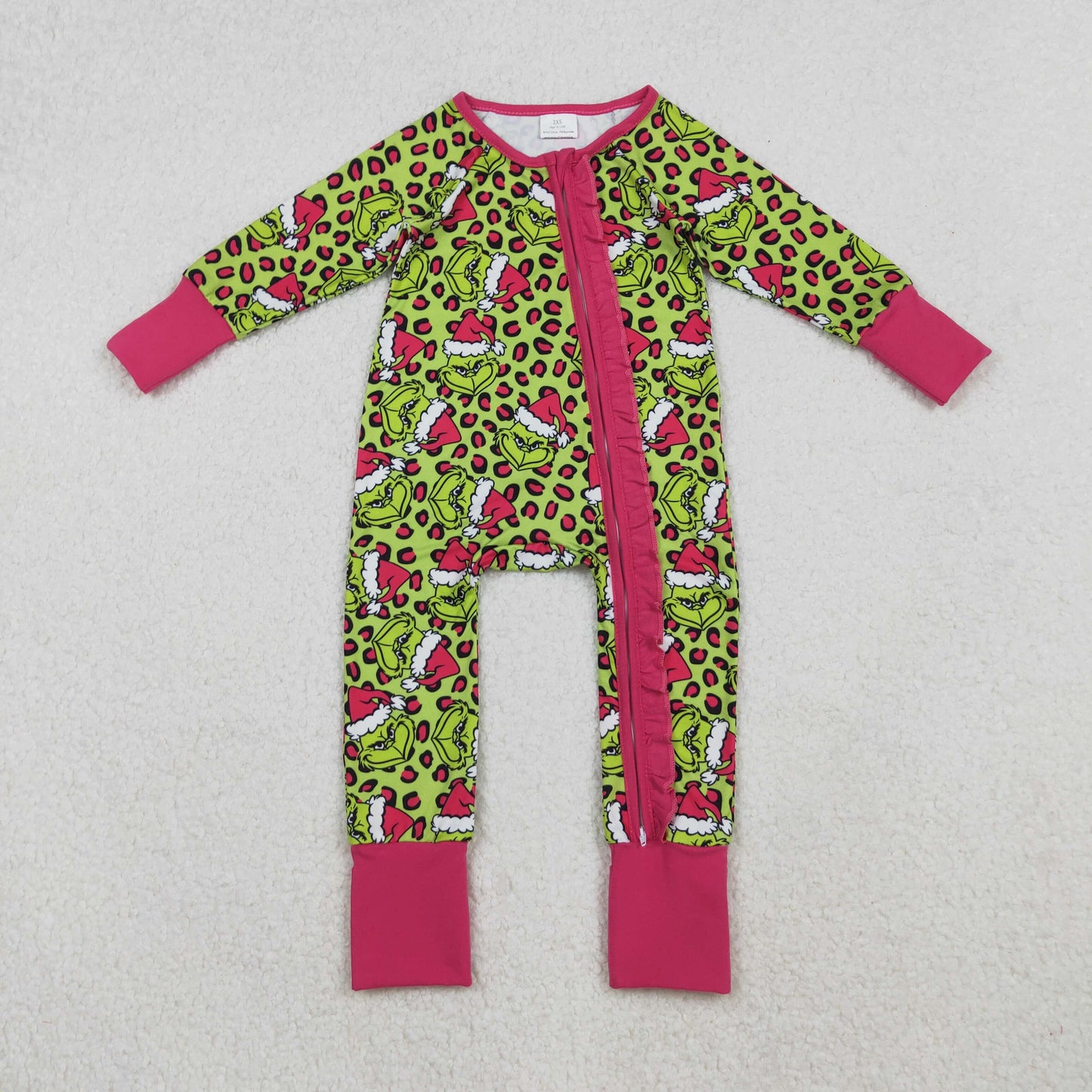 LR2520 Baby Girls Grin Leopard Christmas Ruffle Zipper Footed Rompers