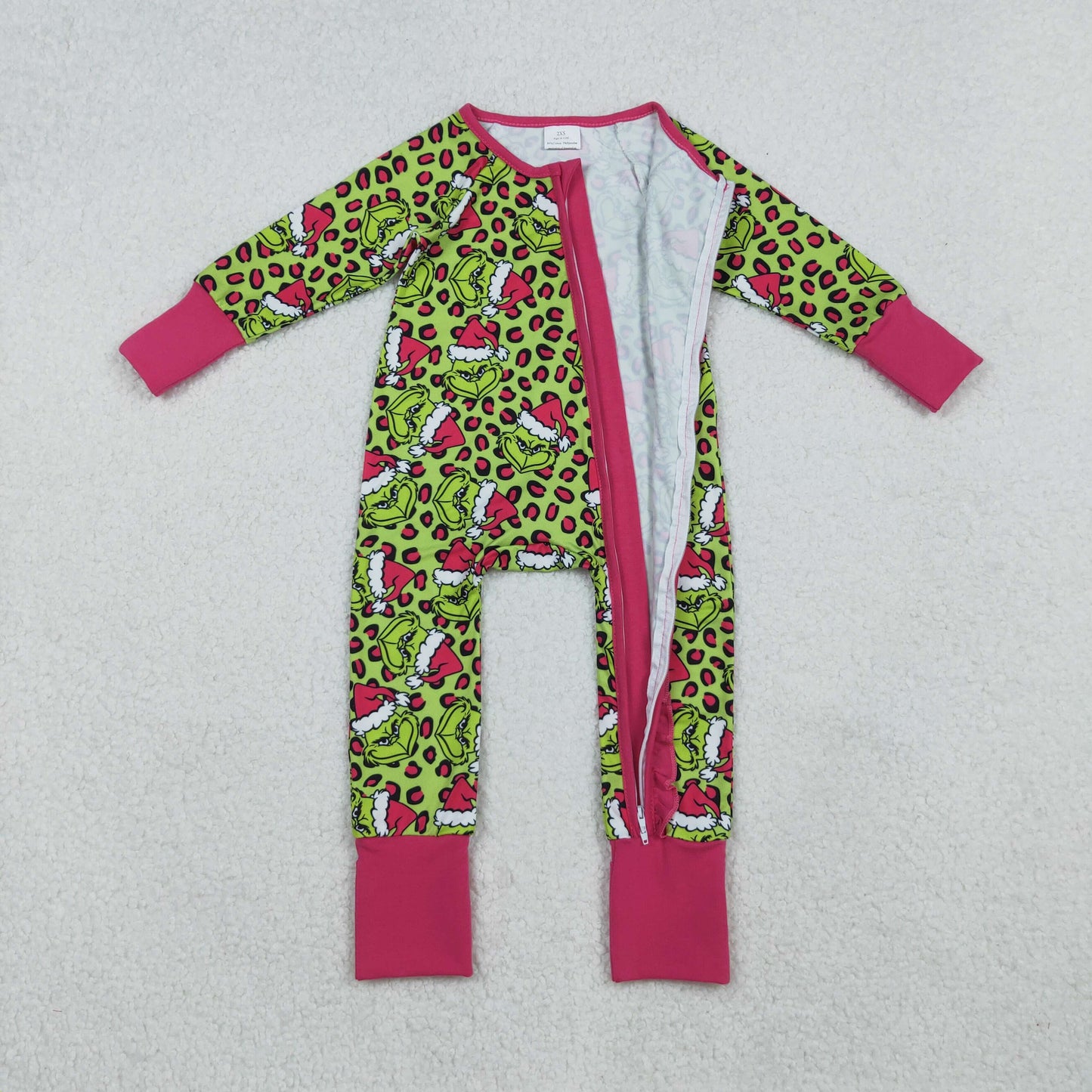 LR2520 Baby Girls Grin Leopard Christmas Ruffle Zipper Footed Rompers