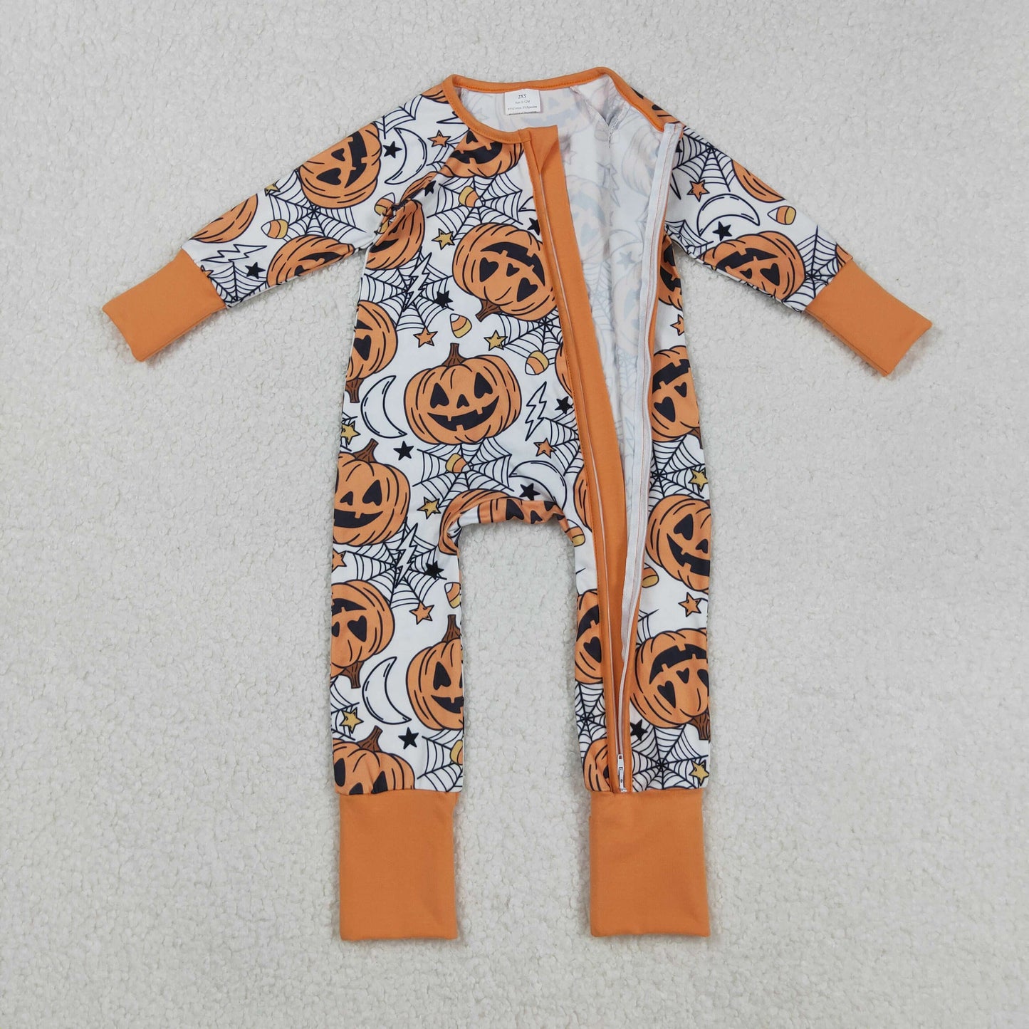 Sibling Baby Girls Ghosts Pumpkins Halloween Zipper Footie Romper Knee Length Dress