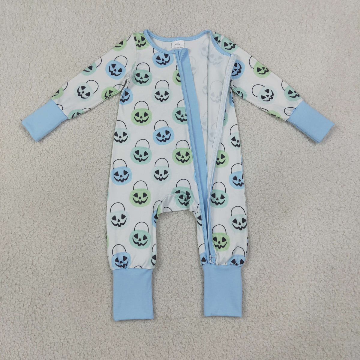 LR2534 Baby Boys Long Sleeve Ghost Pumpkins Halloween Two Way Zip Convertible Rompers