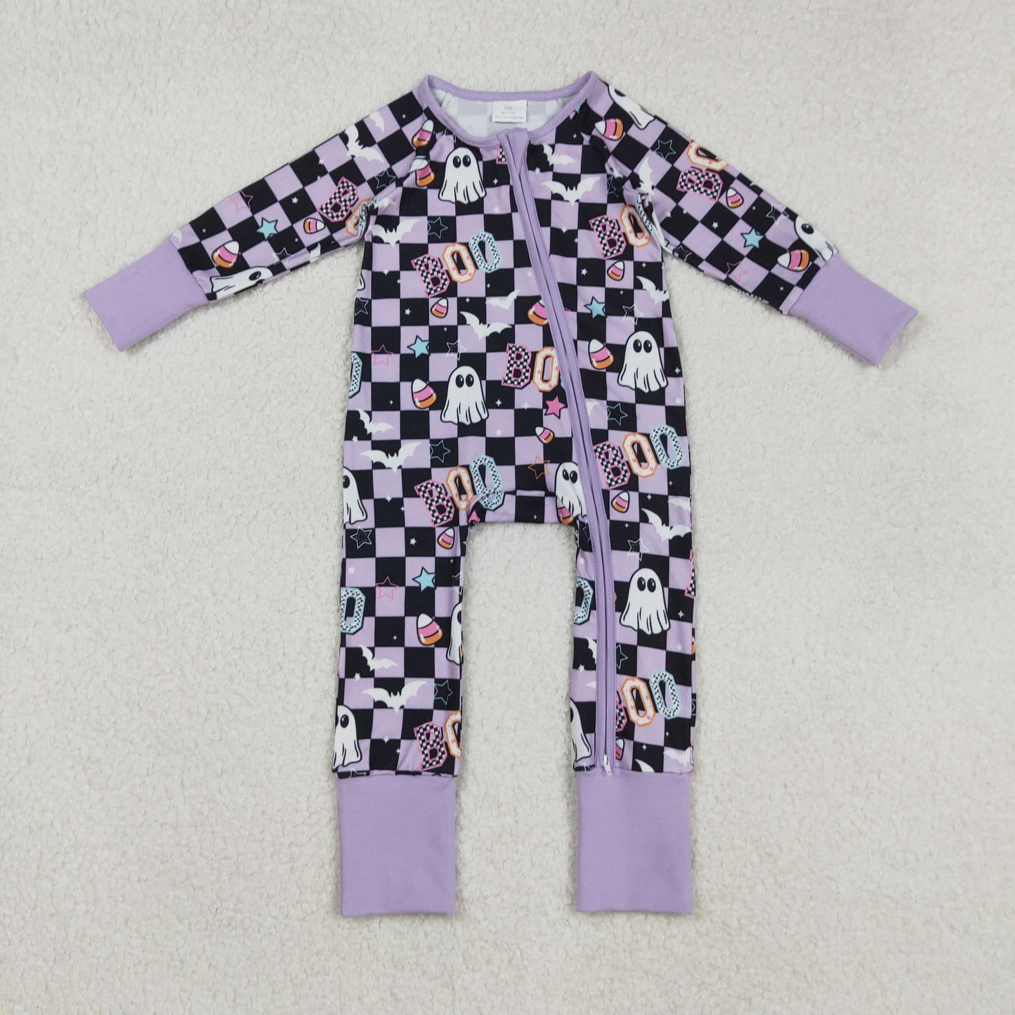 LR2541 Baby Boys Purple Black Checked Ghosts Boo Halloween Zipper Footed Rompers