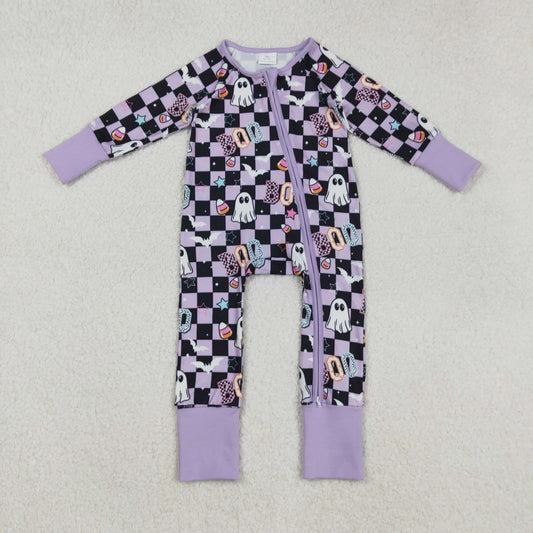 LR2541 Baby Boys Purple Black Checked Ghosts Boo Halloween Zipper Footed Rompers