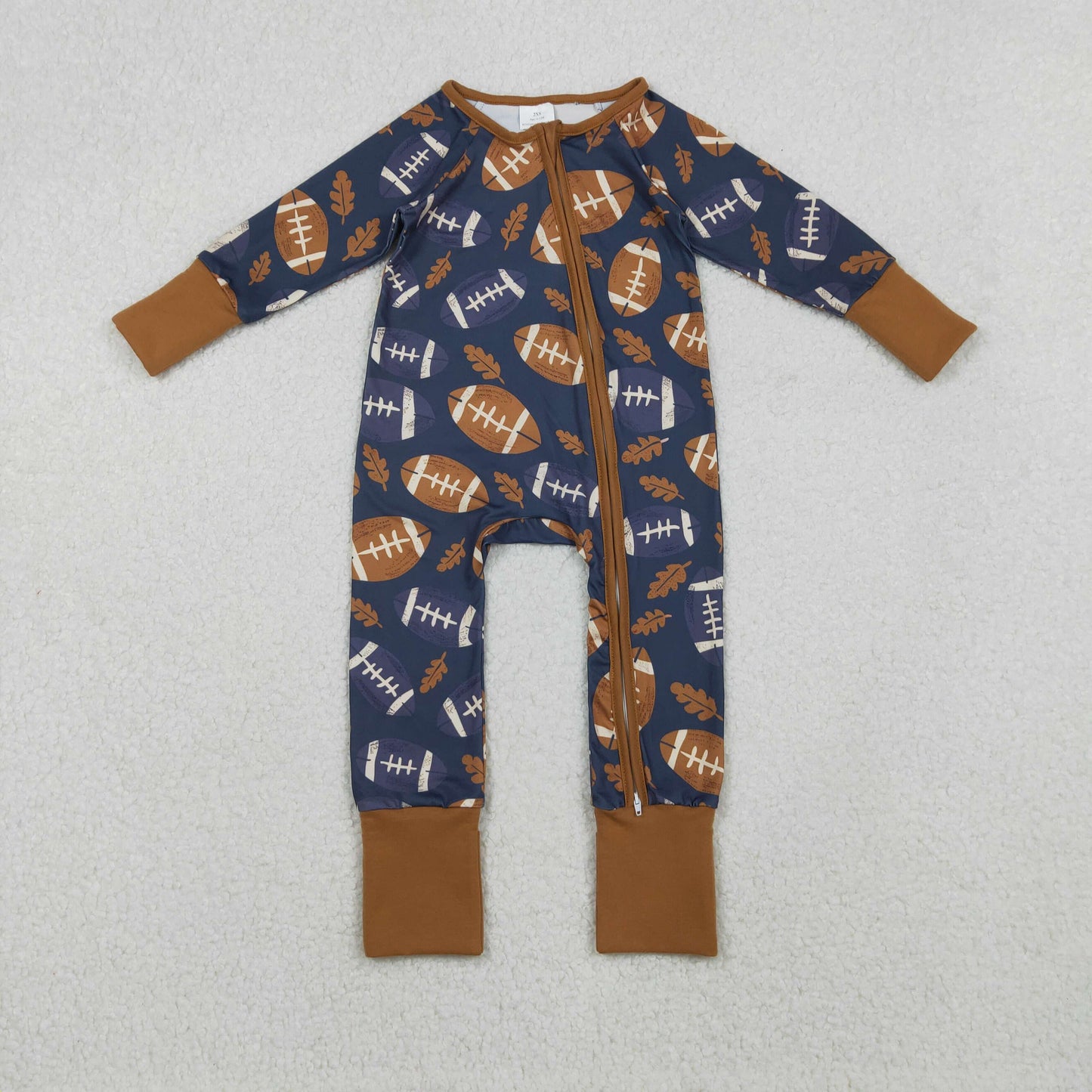 LR2543 Baby Boys Leaves Footballs Team Zipper Footed Rompers