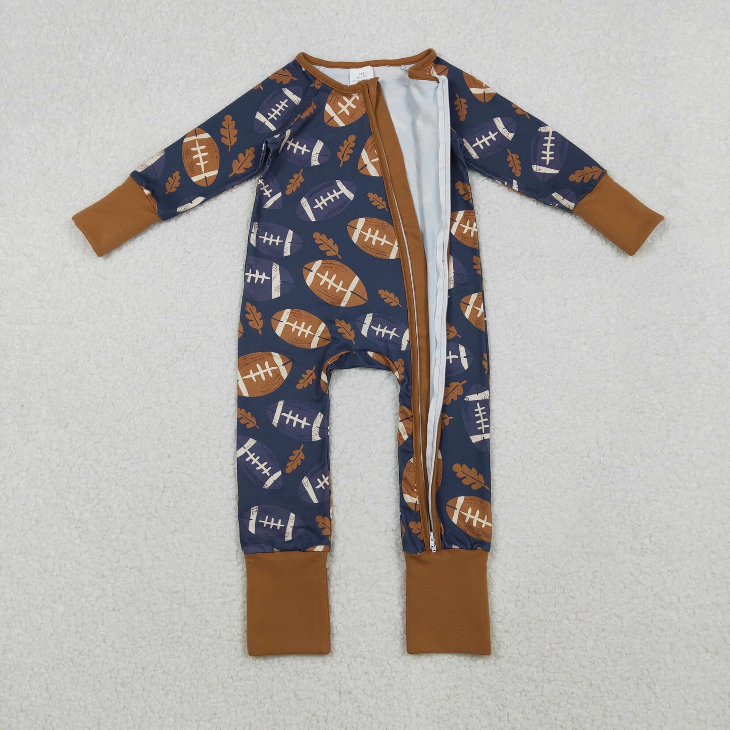 LR2543 Baby Boys Leaves Footballs Team Zipper Footed Rompers