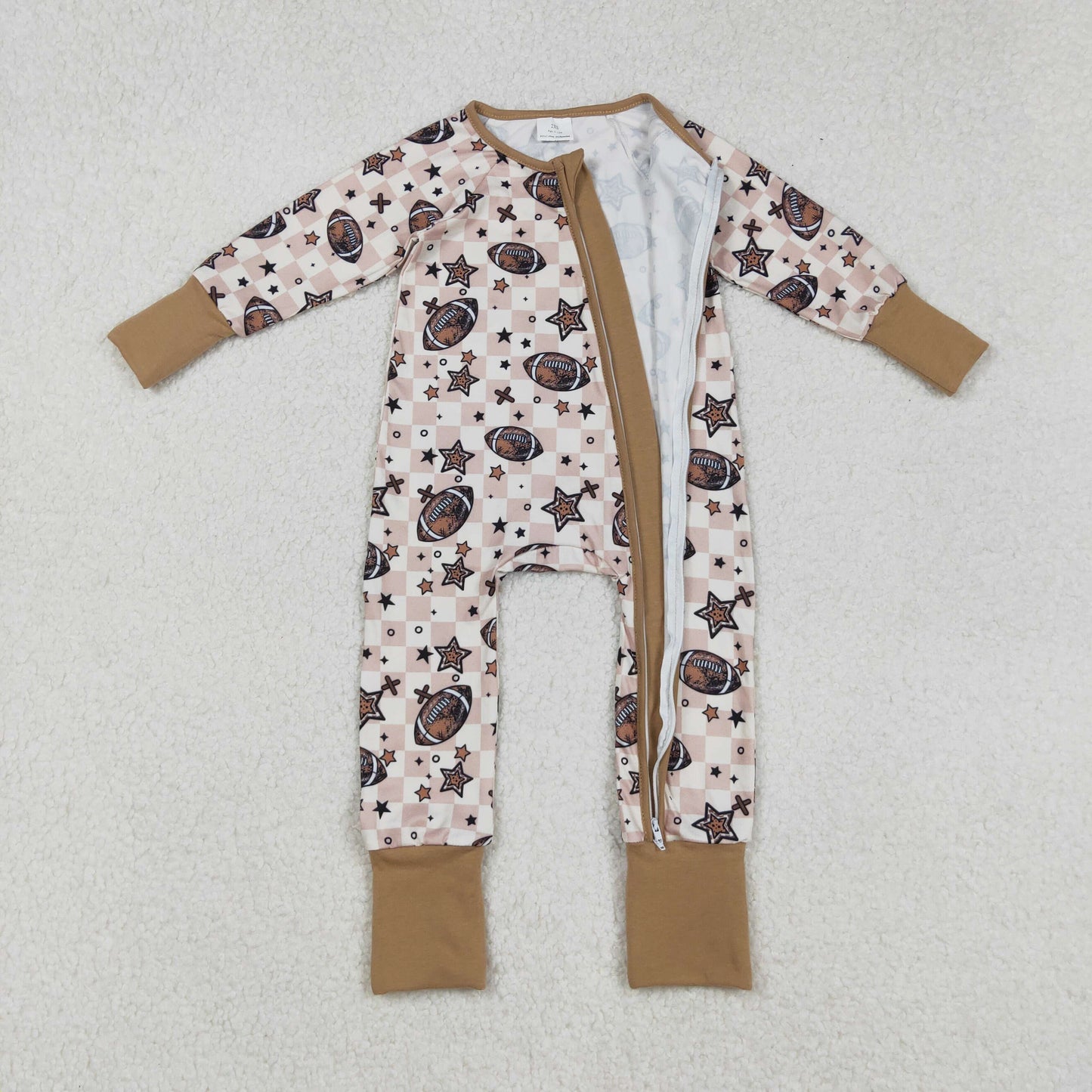 Sibling Baby Boys Girls Khaki Checked Footballs Pullovers Pockets Pants Team Clothes Sets Zipper Footie Rompers