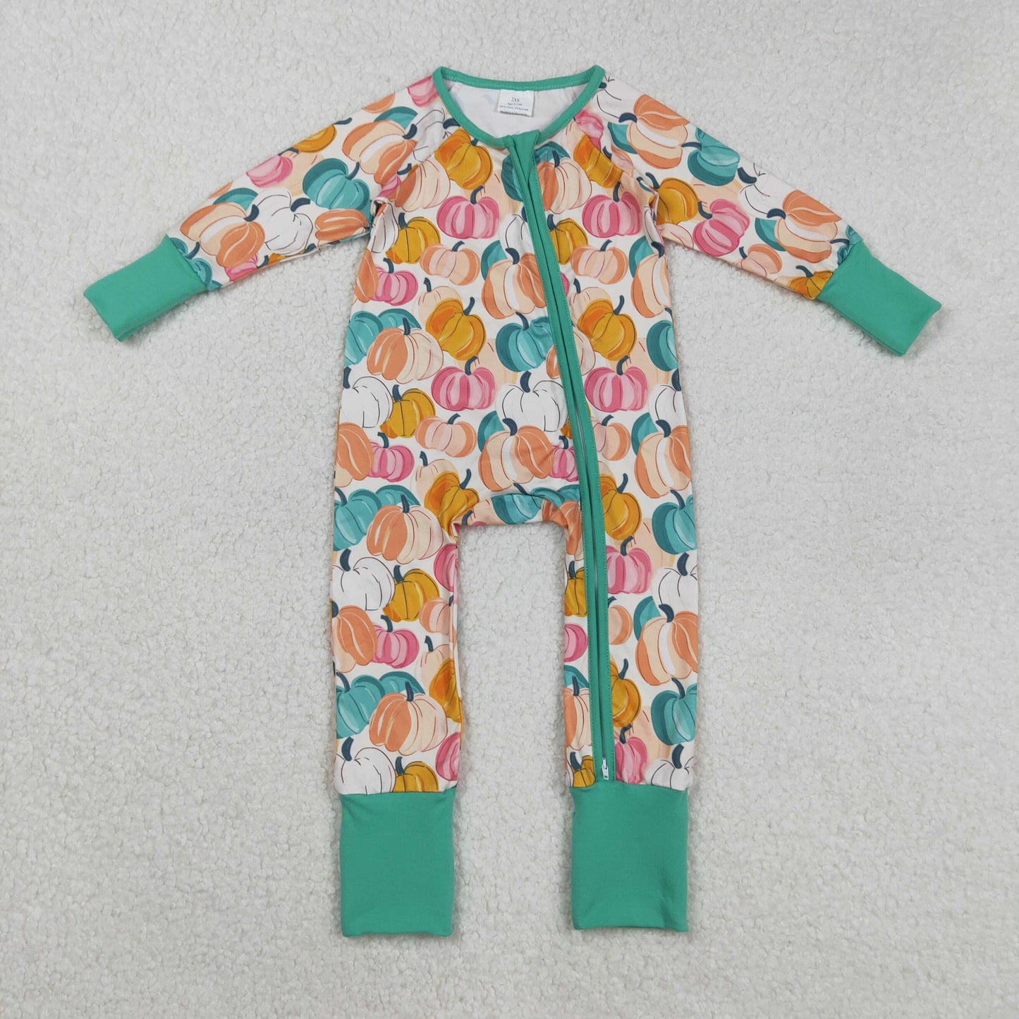 LR2552 Baby Boys Pink Green Pumpkins Plaid Fall Zipper Footed Rompers