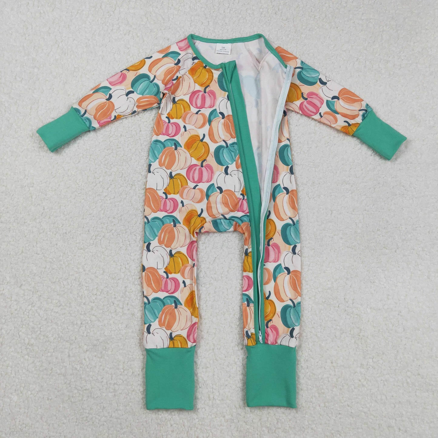 LR2552 Baby Boys Pink Green Pumpkins Plaid Fall Zipper Footed Rompers
