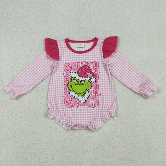 LR2554 Baby Girls Pink Checked Grin Christmas Ruffle Rompers
