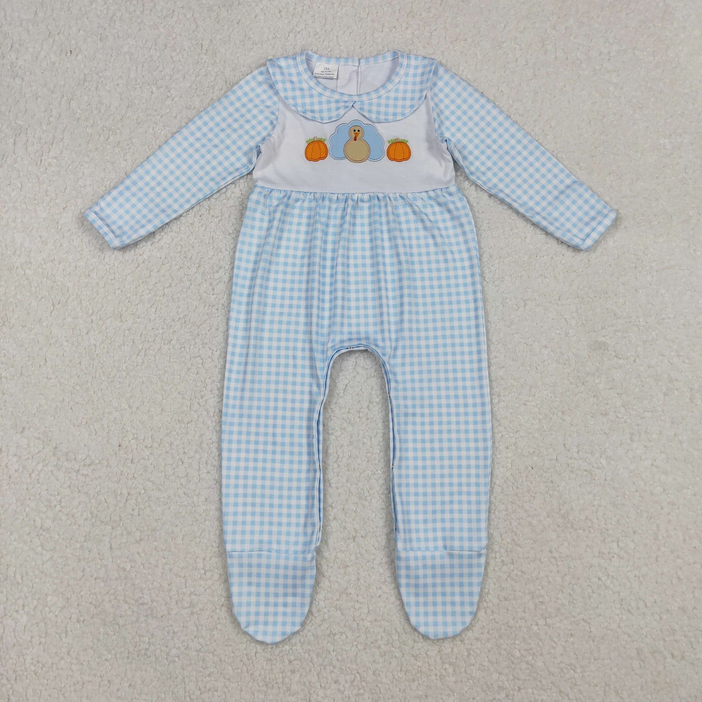 LR2561 Baby Girls Checked Embroidery Turkey Pumpkins Thanksgiving Collar Footed Rompers