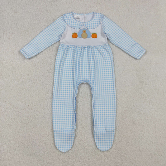 LR2561 Baby Girls Checked Embroidery Turkey Pumpkins Thanksgiving Collar Footed Rompers