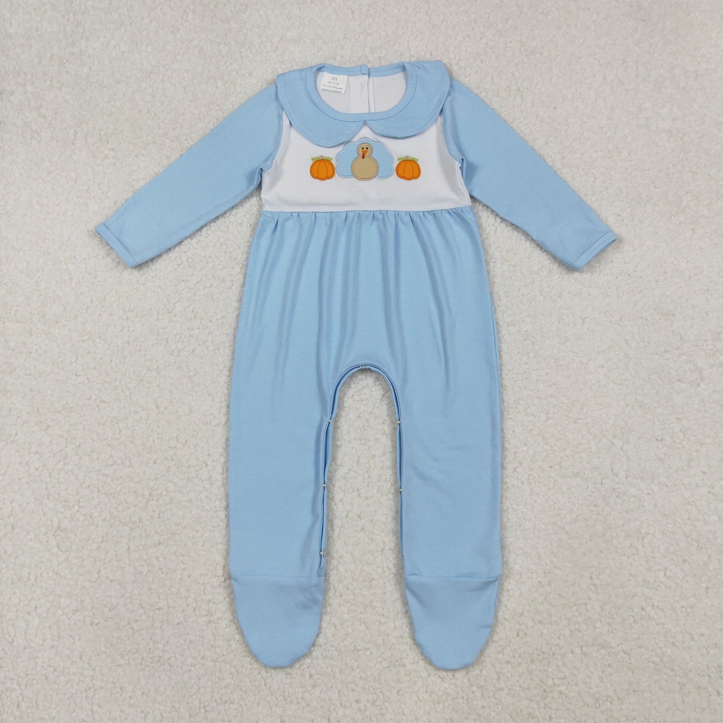 LR2562 Baby Girls Embroidery Turkey Pumpkins Thanksgiving Collar Footed Rompers
