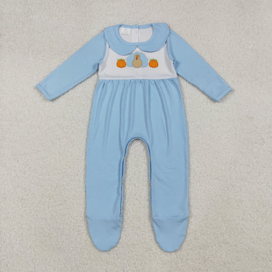 LR2562 Baby Girls Embroidery Turkey Pumpkins Thanksgiving Collar Footed Rompers