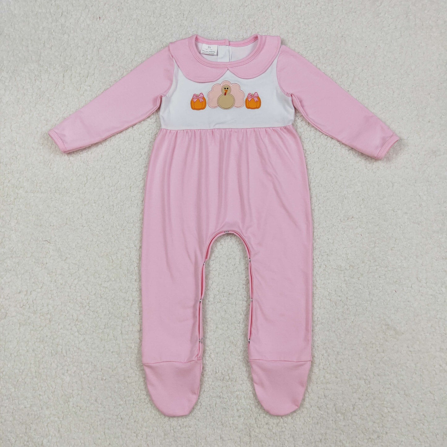 LR2563 Baby Girls Embroidery Turkey Pumpkins Thanksgiving Collar Footed Rompers