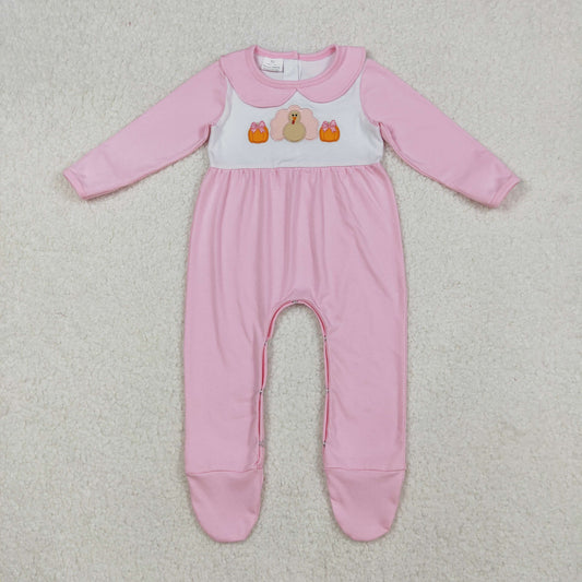 LR2563 Baby Girls Embroidery Turkey Pumpkins Thanksgiving Collar Footed Rompers