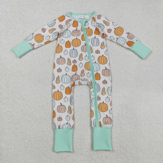 LR2565 Baby Boys Pumpkins Plaid Fall Zipper Footed Rompers