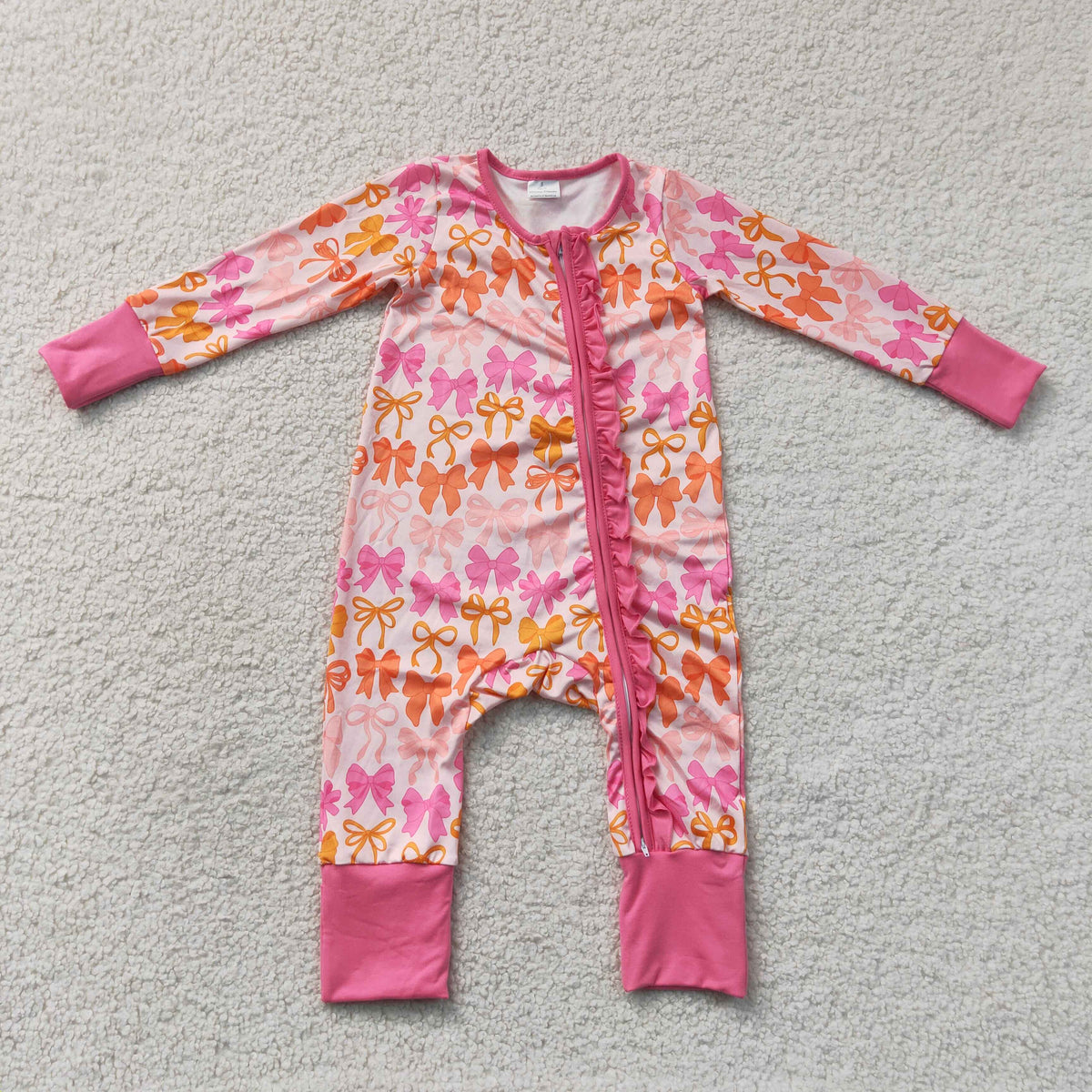 LR2567 Baby Girls Long Sleeve Pink Bows Plaid Two Way Ruffle Zip Convertible Rompers