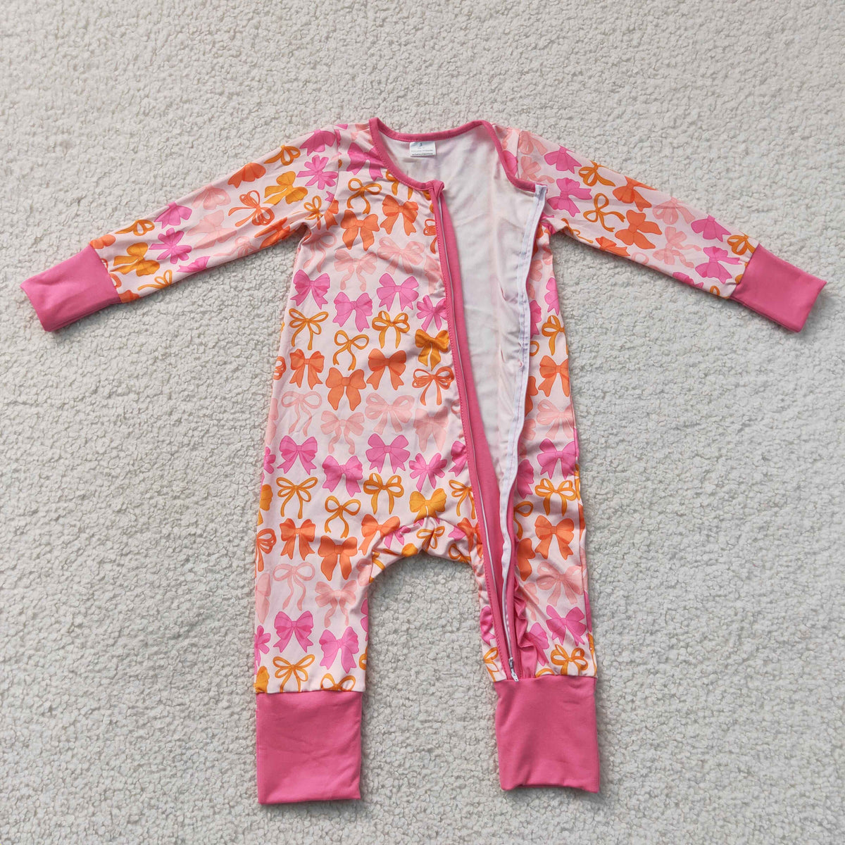 LR2567 Baby Girls Long Sleeve Pink Bows Plaid Two Way Ruffle Zip Convertible Rompers