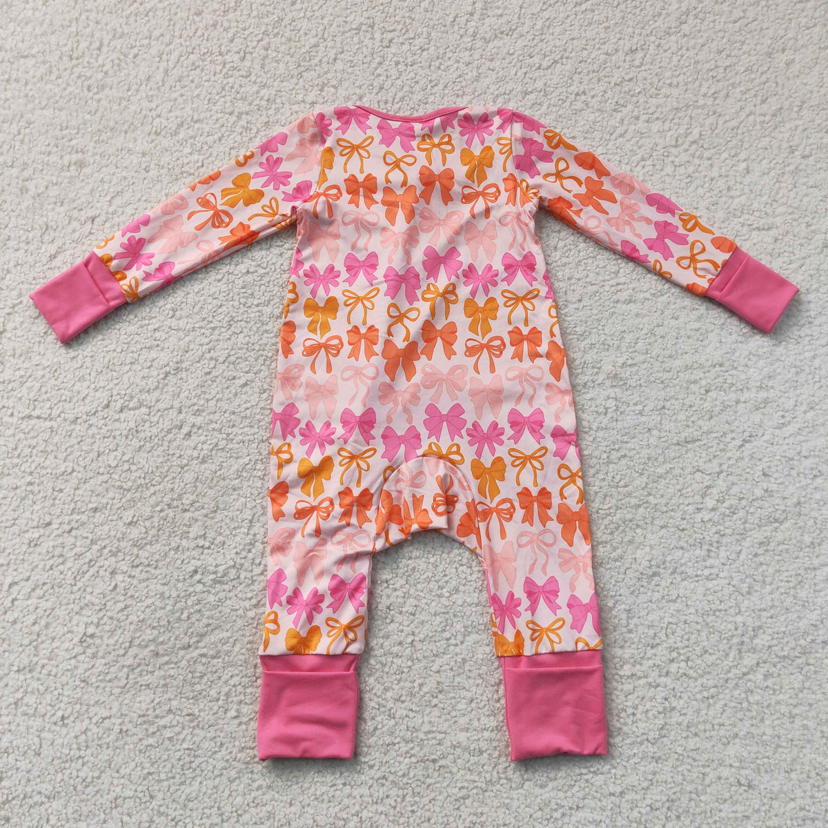 LR2567 Baby Girls Long Sleeve Pink Bows Plaid Two Way Ruffle Zip Convertible Rompers