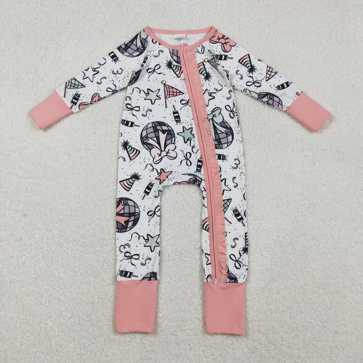 LR2571 Baby Girls Pink Happy New Year Ruffle Two Way Zip Convertible Rompers