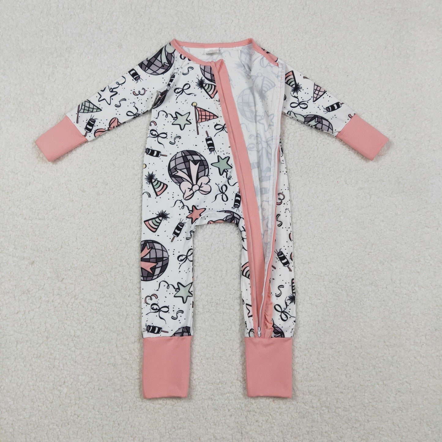 LR2571 Baby Girls Pink Happy New Year Ruffle Two Way Zip Convertible Rompers