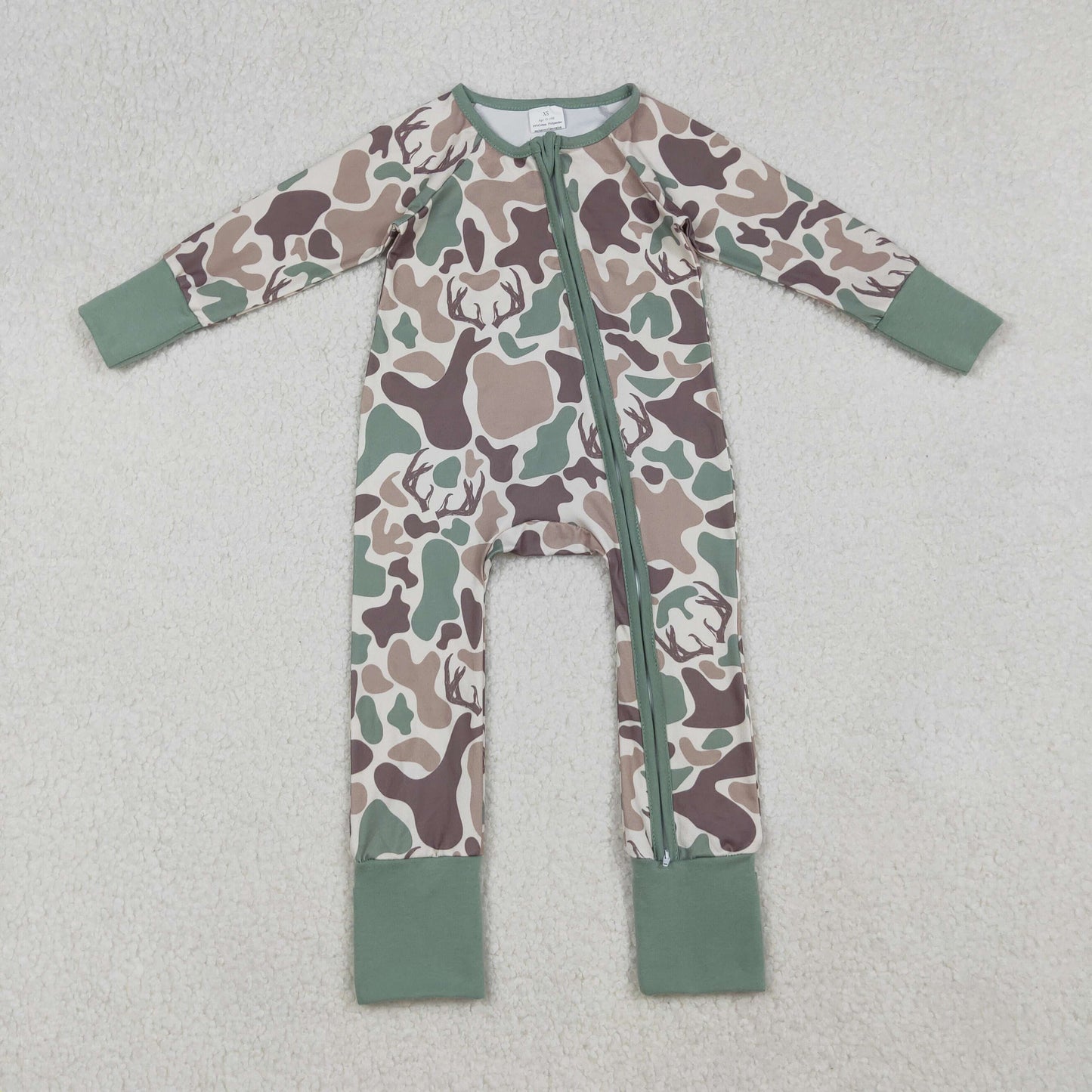 LR2582 Baby Boys Green Khaki Deer Camo Hunting Zipper Footed Rompers