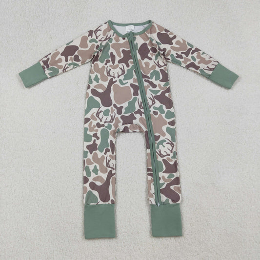 LR2582 Baby Boys Green Khaki Deer Camo Hunting Zipper Footed Rompers