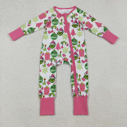 LR2588 Baby Girls Pink Gifts Grin Christmas Zipper Footed Rompers
