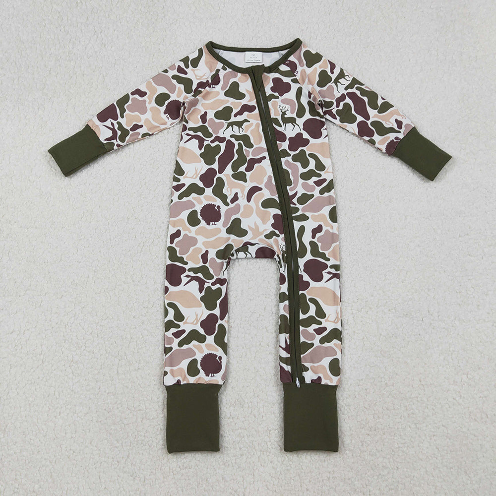 Sibling Baby Boys Ducks Hunting Season Camo Southern Zipper Footie Rompers