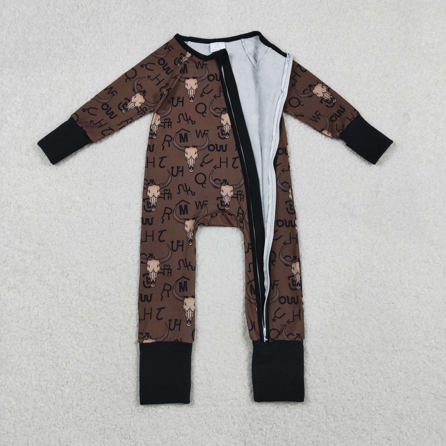 Sibling Baby Boys Brown Bull Skulls Pants Western Pajamas Sets Zipper Footie Rompers