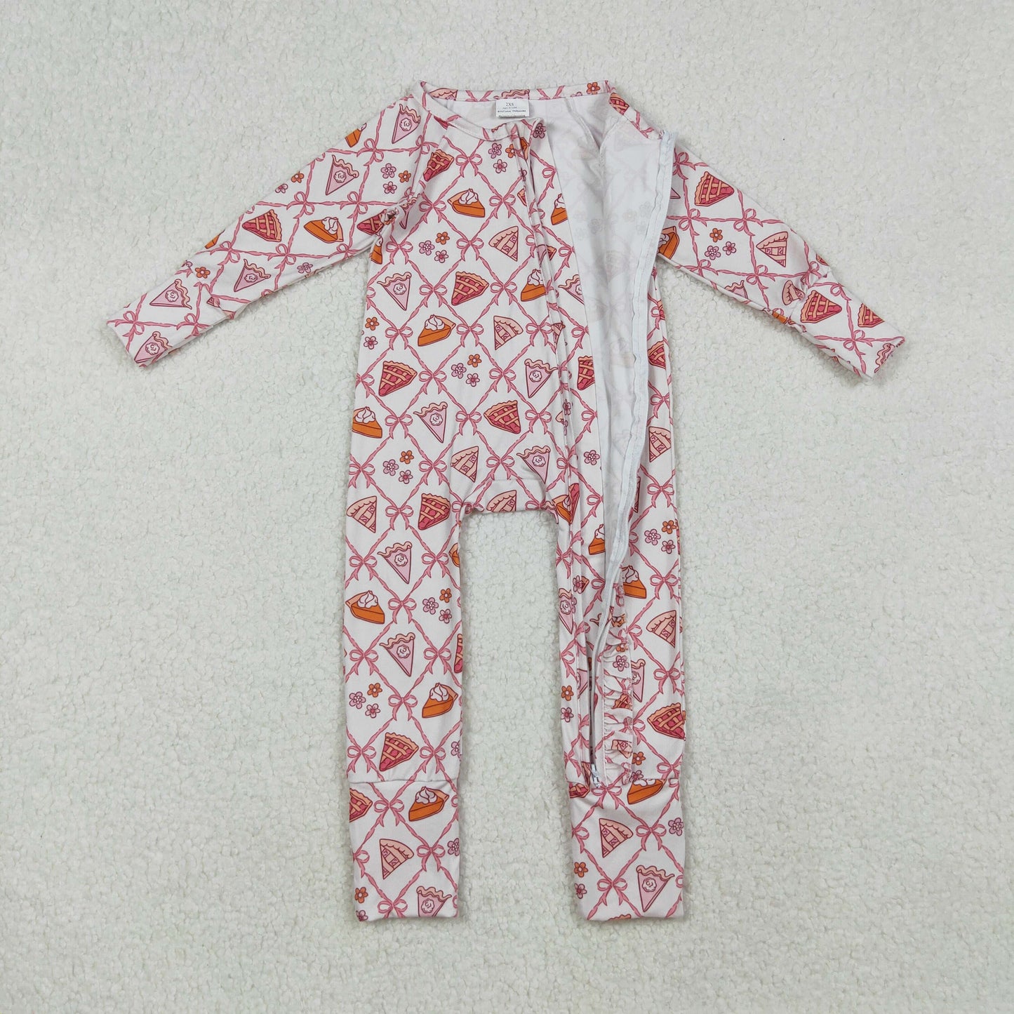 LR2594 Baby Girls Pink Bows Pie Flowers Checked Thanksgiving Ruffle Zipper Footed Rompers